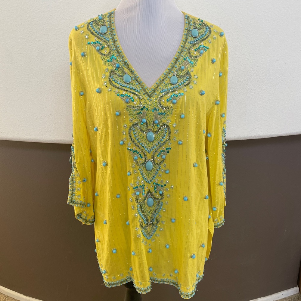 Boston Proper Yellow Top with Silver Stripes